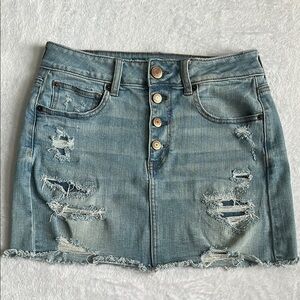 American Eagle Hi Rise Thrashed Indie Sleaze Button‎ Fly Grunge Denim Skirt 8